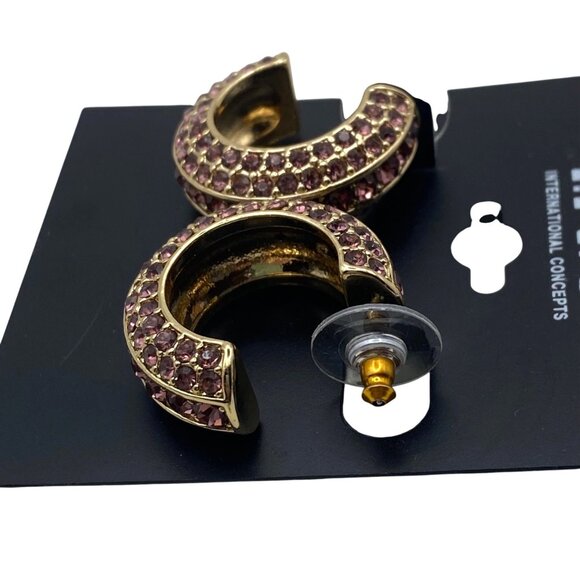 NWT Gold-Tone Pink Rhinestone Hoop Earrings Pierced 1" INC International Concept - Picture 7 of 8